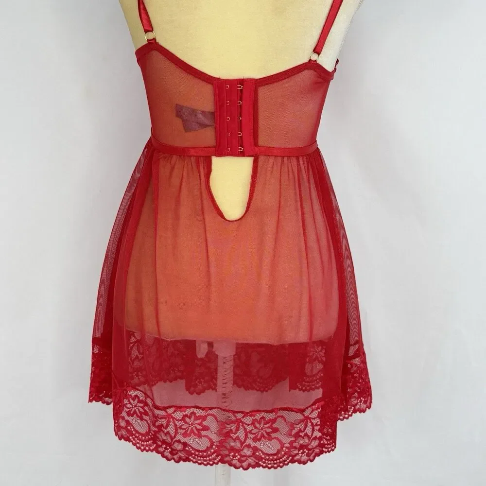 Daisy Fuentes Babydoll Red Chiffon Lace Size M Lingerie Festival Slip Dress Sexy